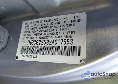 2002 Honda Accord 3.0 Ex from USA, damaged, VIN 1HGCG22592A017553